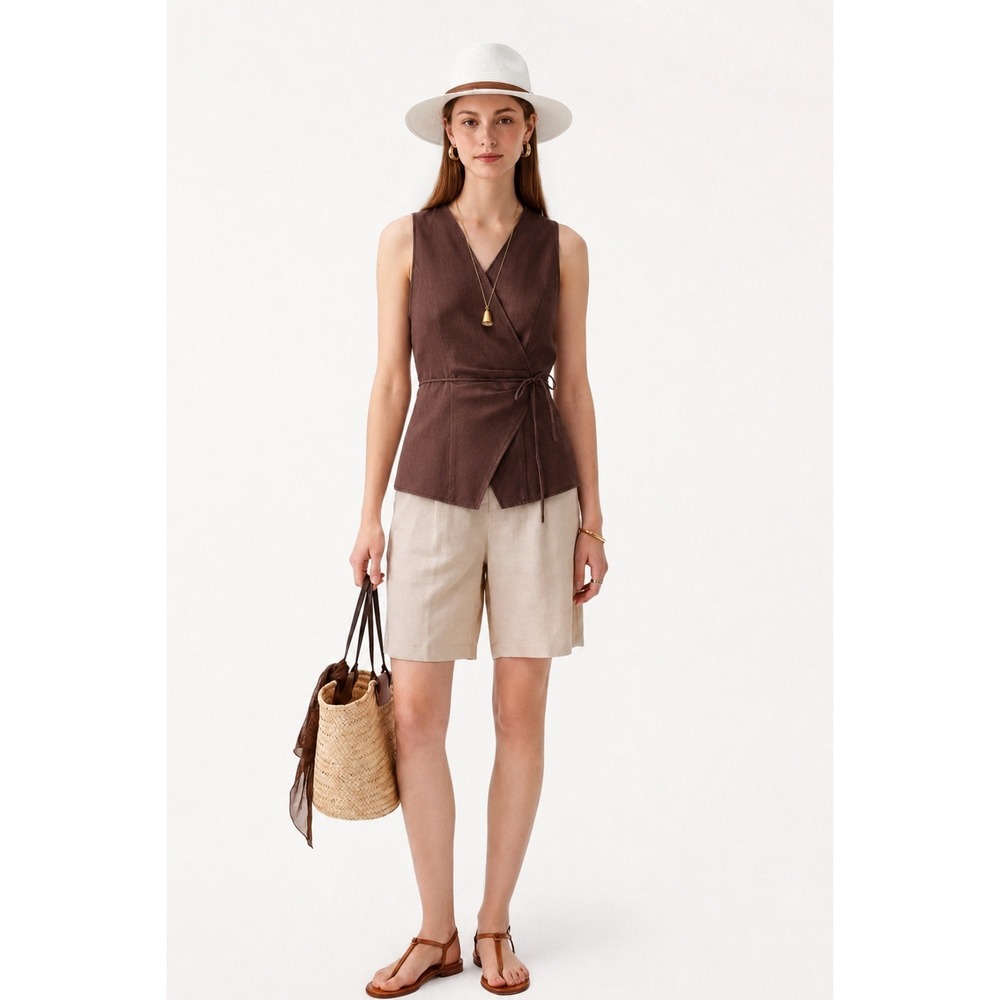 OGL Linen Wrap Top With Self Tie Vest Walnut Brown Large Womens Sleeveless Top